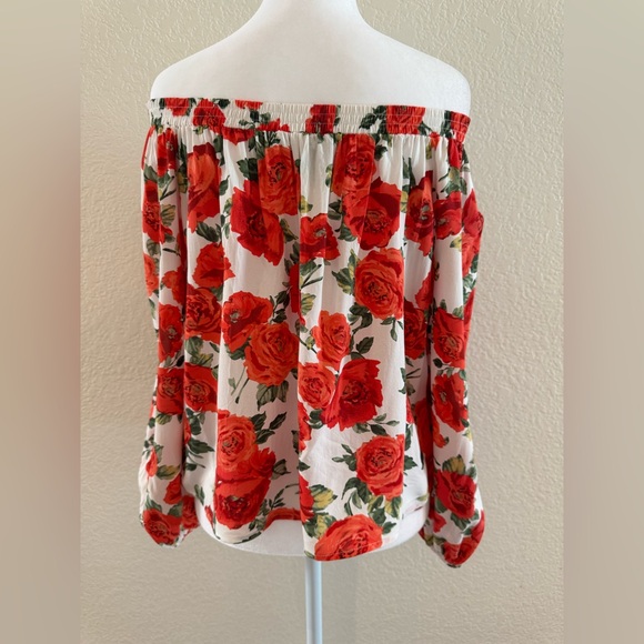 Forever 21 Rose Floral Print Off-the-Shoulder Flowy Top – White/Red – Size S/M - Picture 14 of 16